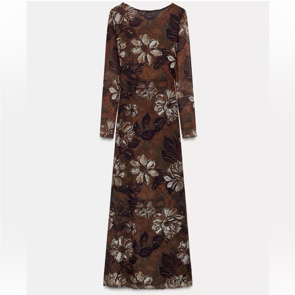 Zara Printed Tulle Dress light brown